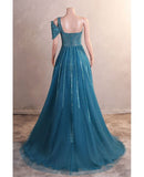 Ndyad One Shoulder Tulle Beaded Long Prom Dress Elegant Evening Gown HZ1024