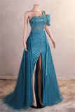 Ndyad One Shoulder Tulle Beaded Long Prom Dress Elegant Evening Gown HZ1024