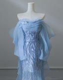 Ndyad Blue Mermaid Strapless Tulle Beaded Long Prom Dress Elegant Evening Dress HZ1024