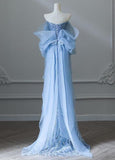 Ndyad Blue Mermaid Strapless Tulle Beaded Long Prom Dress Elegant Evening Dress HZ1024