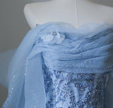 Ndyad Blue Mermaid Strapless Tulle Beaded Long Prom Dress Elegant Evening Dress HZ1024