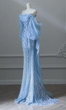 Ndyad Blue Mermaid Strapless Tulle Beaded Long Prom Dress Elegant Evening Dress HZ1024