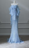 Ndyad Blue Mermaid Strapless Tulle Beaded Long Prom Dress Elegant Evening Dress HZ1024