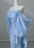 Ndyad Blue Mermaid Strapless Tulle Beaded Long Prom Dress Elegant Evening Dress HZ1024