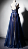 Ndyad Blue Tulle V Neck Long Women Prom Dress, Lace Up Evening Dress HZ1024