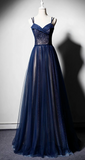 Ndyad Blue Tulle V Neck Long Women Prom Dress, Lace Up Evening Dress HZ1024