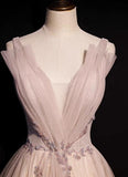 Ndyad Pink A-Line V-neck Glitter Tulle with Beaded Long Prom Dress Adult Ceremony Evening Dress HZ1024