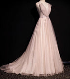 Ndyad Pink A-Line V-neck Glitter Tulle with Beaded Long Prom Dress Adult Ceremony Evening Dress HZ1024