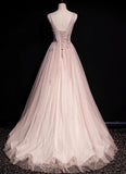 Ndyad Pink A-Line V-neck Glitter Tulle with Beaded Long Prom Dress Adult Ceremony Evening Dress HZ1024