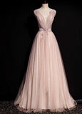 Ndyad Pink A-Line V-neck Glitter Tulle with Beaded Long Prom Dress Adult Ceremony Evening Dress HZ1024
