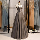 Ndyad Spaghetti Strap Tulle Beaded Long Prom Dress Graduation Prom Dress Birthday Dress HZ1024
