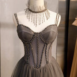 Ndyad Spaghetti Strap Tulle Beaded Long Prom Dress Graduation Prom Dress Birthday Dress HZ1024