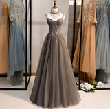 Ndyad Spaghetti Strap Tulle Beaded Long Prom Dress Graduation Prom Dress Birthday Dress HZ1024