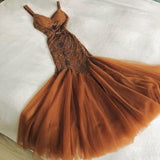 Ndyad Brown Mermaid Spaghetti Strap Chiffon Tulle Beaded Long Prom Dress Birthday Dress HZ1024