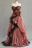 Ndyad Pink A-Line Strapless Chiffon Tulle Long Prom Dress Vintage Applique Birthday Prom Dress HZ1024