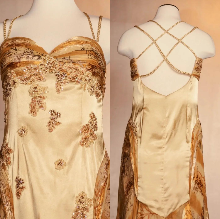 Ndyad Vintage Floral Satin Applique Spaghetti Straps Chiffon Prom Dresses Party Dresses HZ1024