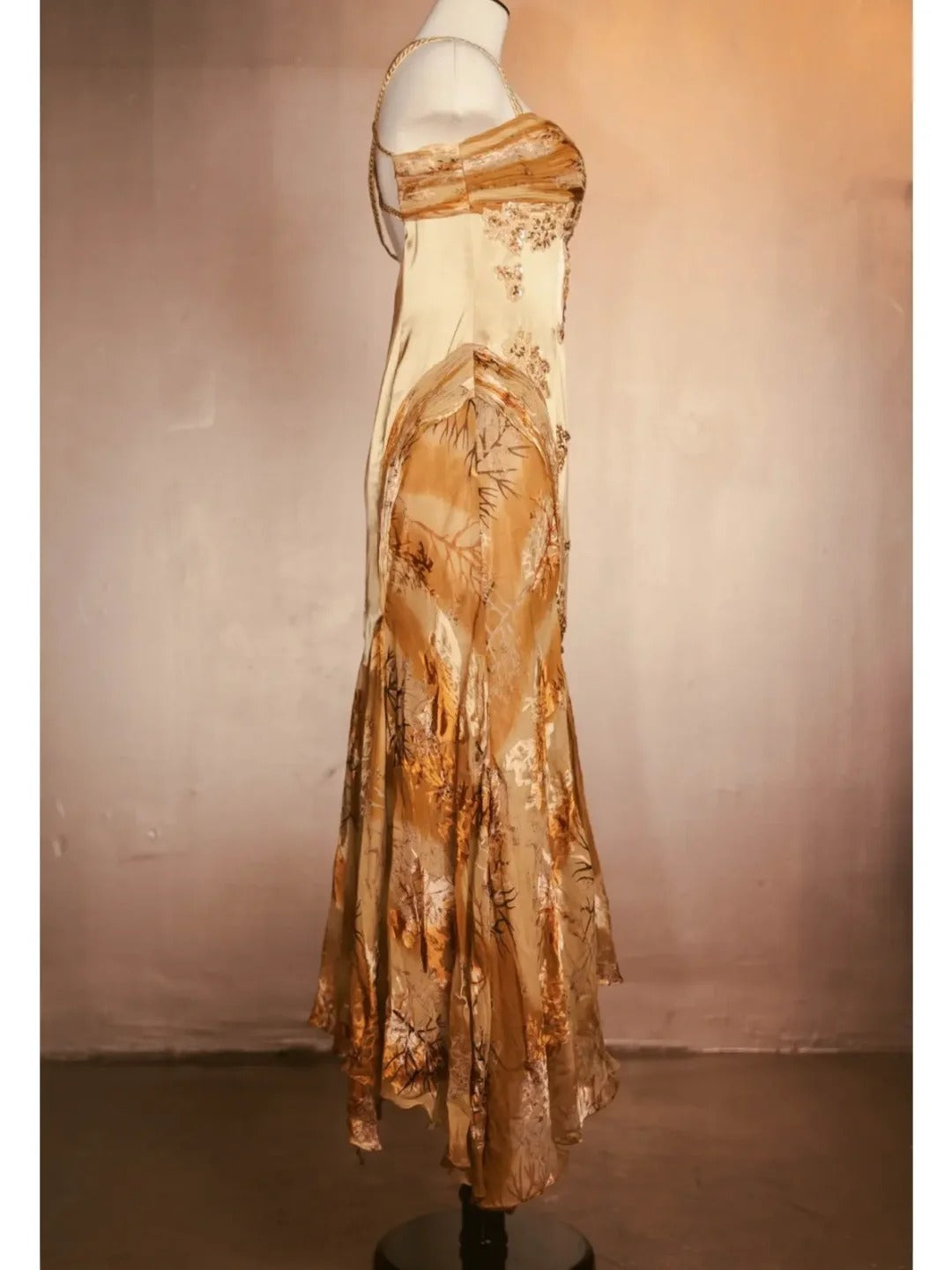 Ndyad Vintage Floral Satin Applique Spaghetti Straps Chiffon Prom Dresses Party Dresses HZ1024