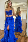 Ndyad Sweetheart Neck Chiffon Lace Blue Long Prom Dress, Blue Long Graduation Dress HZ1024