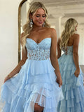 Ndyad Sweetheart Neck Chiffon Lace Blue Long Prom Dress, Blue Long Graduation Dress HZ1024
