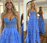 Ndyad Sweetheart Neck Chiffon Lace Blue Long Prom Dress, Blue Long Graduation Dress HZ1024