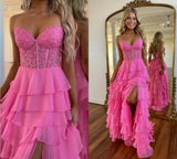 Ndyad Sweetheart Neck Chiffon Lace Blue Long Prom Dress, Blue Long Graduation Dress HZ1024