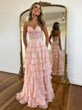 Ndyad Sweetheart Neck Chiffon Lace Blue Long Prom Dress, Blue Long Graduation Dress HZ1024