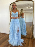 Ndyad Sweetheart Neck Chiffon Lace Blue Long Prom Dress, Blue Long Graduation Dress HZ1024