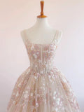 Ndyad Light Champagne A-Line Tulle Sequin Applique Long Prom Dress Formal Evening Gowns HZ1024