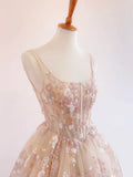 Ndyad Light Champagne A-Line Tulle Sequin Applique Long Prom Dress Formal Evening Gowns HZ1024