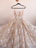 Ndyad Light Champagne A-Line Tulle Sequin Applique Long Prom Dress Formal Evening Gowns HZ1024