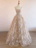 Ndyad Light Champagne A-Line Tulle Sequin Applique Long Prom Dress Formal Evening Gowns HZ1024