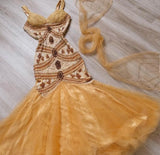 Ndyad Yellow Mermaid Tulle Chiffon Long Prom Dress Pretty Birthday Dress HZ1024