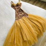 Ndyad Yellow Mermaid Tulle Chiffon Long Prom Dress Pretty Birthday Dress HZ1024