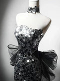 Ndyad Silver Mermaid Strapless Sequin Tulle Long Prom Dress Formal Evening Dress HZ1024