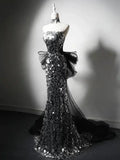 Ndyad Silver Mermaid Strapless Sequin Tulle Long Prom Dress Formal Evening Dress HZ1024