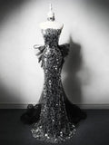 Ndyad Silver Mermaid Strapless Sequin Tulle Long Prom Dress Formal Evening Dress HZ1024
