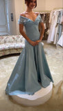 Ndyad Blue A-Line Off-shoulder Long Prom Dresses Vintage Satin Chiffon Formal Evening Dresses HZ1024