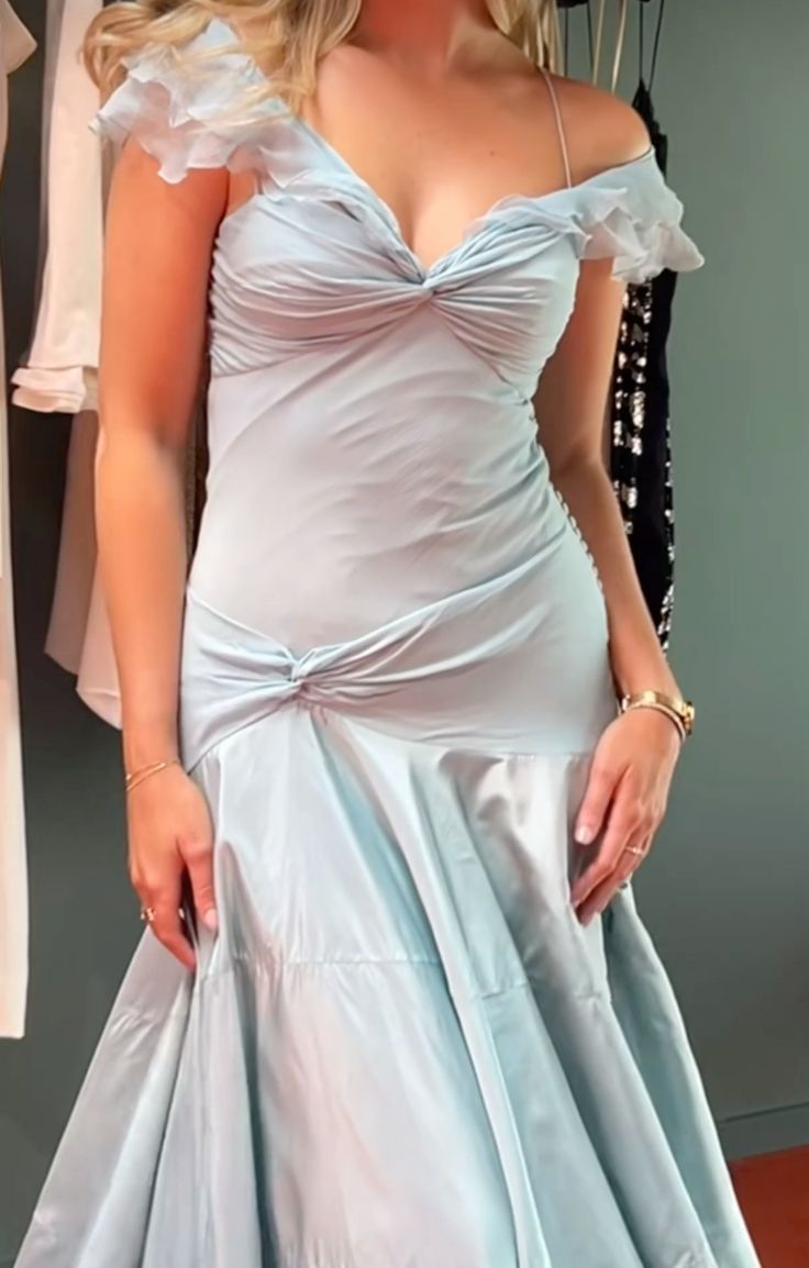 Ndyad Blue A-Line Off-shoulder Long Prom Dresses Vintage Satin Chiffon Formal Evening Dresses HZ1024