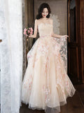 Ndyad A-Line Tulle Sequins Long Prom Dress Embroidery Applique Formal Evening Dress HZ1024