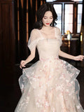 Ndyad A-Line Tulle Sequins Long Prom Dress Embroidery Applique Formal Evening Dress HZ1024