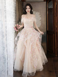 Ndyad A-Line Tulle Sequins Long Prom Dress Embroidery Applique Formal Evening Dress HZ1024