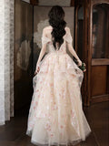 Ndyad A-Line Tulle Sequins Long Prom Dress Embroidery Applique Formal Evening Dress HZ1024