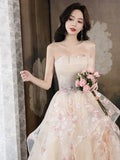 Ndyad A-Line Tulle Sequins Long Prom Dress Embroidery Applique Formal Evening Dress HZ1024