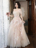 Ndyad A-Line Tulle Sequins Long Prom Dress Embroidery Applique Formal Evening Dress HZ1024
