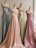 Ndyad Strap A-Line Satin Simple Long Prom Dress Bridesmaid Dress HZ1024