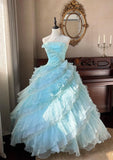 Ndyad Sky Blue A-Line Strapless Tulle Beaded Long Prom Dress Sequined Layered Adult Ceremony Dress HZ1024