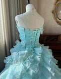 Ndyad Sky Blue A-Line Strapless Tulle Beaded Long Prom Dress Sequined Layered Adult Ceremony Dress HZ1024