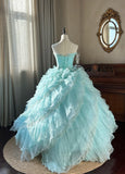 Ndyad Sky Blue A-Line Strapless Tulle Beaded Long Prom Dress Sequined Layered Adult Ceremony Dress HZ1024