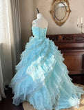 Ndyad Sky Blue A-Line Strapless Tulle Beaded Long Prom Dress Sequined Layered Adult Ceremony Dress HZ1024