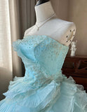 Ndyad Sky Blue A-Line Strapless Tulle Beaded Long Prom Dress Sequined Layered Adult Ceremony Dress HZ1024
